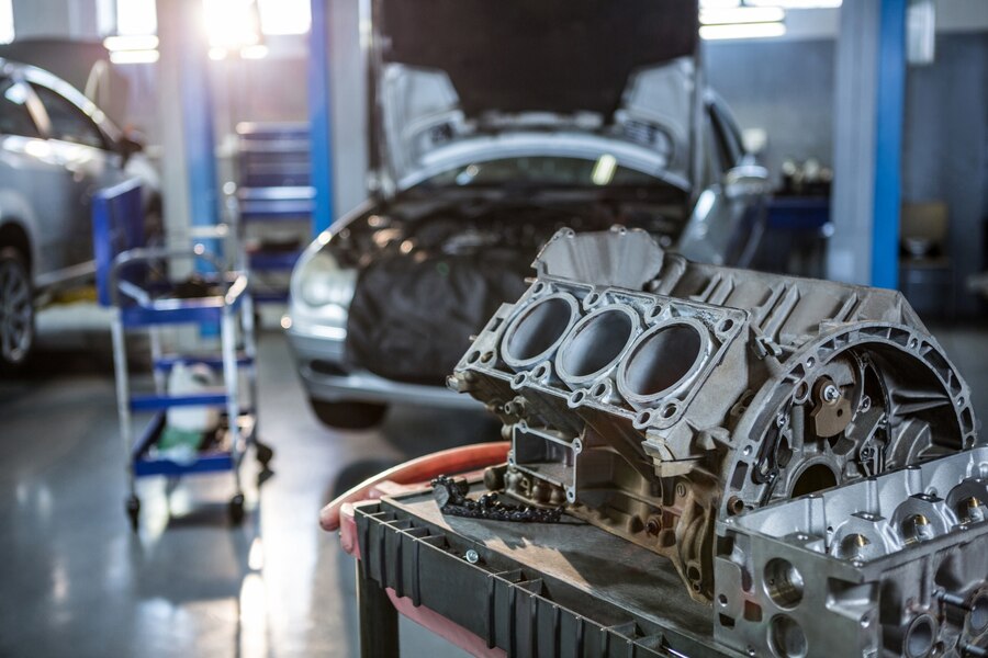 car engine in close up form at the car garage repair shop